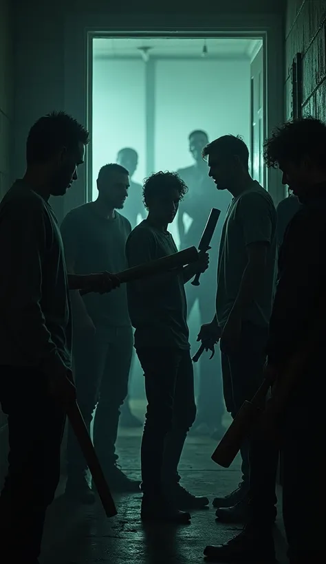  Many people inside a room of a building hiding, they are armed with bats , palos, firearms, tubes,  the scene is with low light ,  the look on their faces is one of fear and anger . In the background, a window where you can see zombies outside the buildin...