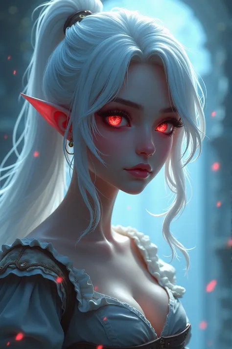 female, arcane, 3d style, league of legends, white hair, red eyes, white eyelashes, peasant clothes 