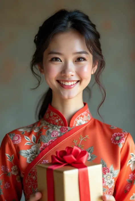 Create a real woman wearing a Vietnamese dress, smile and hold a gift