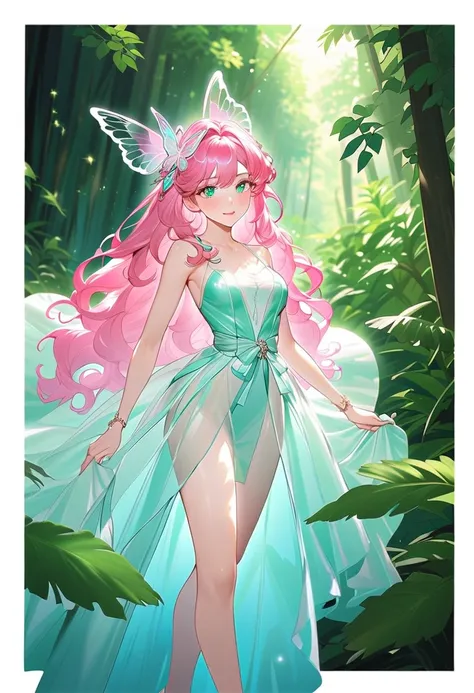 This character is a woman with a magical aura, mature and beautiful, seductive lips. She has long, shiny, bright pink hair and a butterfly-shaped glass clip accessory on her head. Her sharp green eyes were shining, she was wearing a short dress above the k...