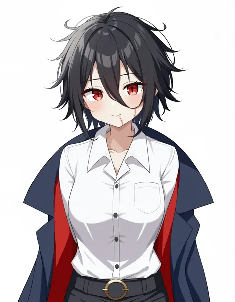 masterpiece, best quality, illustration, pixiv, high_detailed, 1girl, solo, (pale skin:0.7), vampire, red eyes, black hair, (wavy hair:0.1), (messy hair:0.8), short hair, hair between eyes, white shirt, dark blue waistcoat, black shorts, neck bite mark, cl...