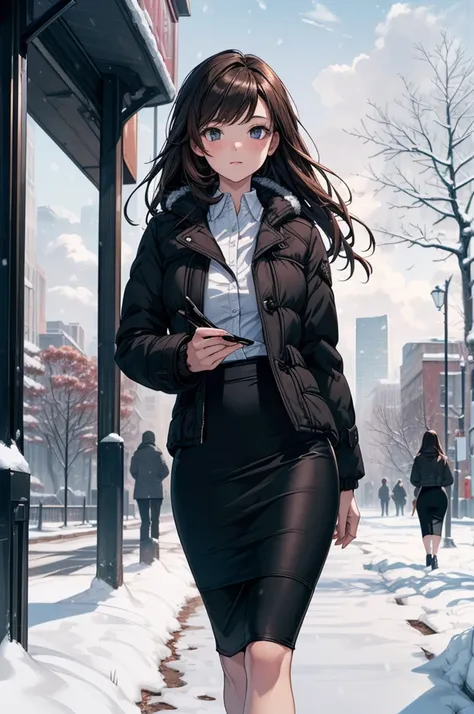 ((masterpiece, best quality:1.3, high detail)), beautiful woman, looking at viewer, long hair, (brown hair), solo focus, one person, ((long black winter coat), white collar shirt, (long black pencil ((skirt))), long pencil skirt, outdoors, (cloudy sky, sno...