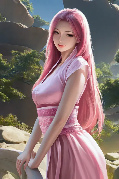 pink hair ,pink hanfu, medium breasts, long hair, seductive smile, masterpiece, best quality, realistic, 8k, official art, cinematic light, ultra high res, perfect female body, sharp focus, guofeng, 1girl, solo, chinese clothes, realistic, standing, from v...