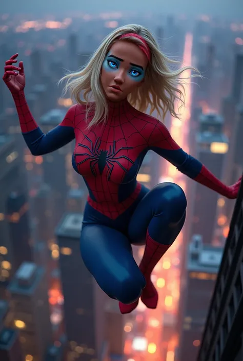 a beautiful girl in spider-gwen costume swinging through new york city at night, masked face revealing her gorgeous features, curvaceous figure, acrobatic web-swinging motion, golden blonde hair, ballet shoes, city skyline at night, (best quality,4k,8k,hig...