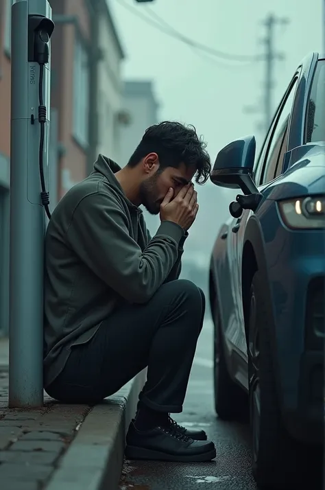 Man crying while waiting for the electric car to be recharged 