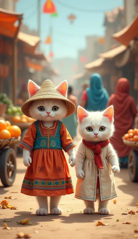 Baby Cats at the Village Festival Market
Two white baby cats strolling upright through a vibrant village market. One wears a colorful cotton dress with hand-stitched patterns and a straw hat, while the other sports a simple white tunic with a red sash tied...