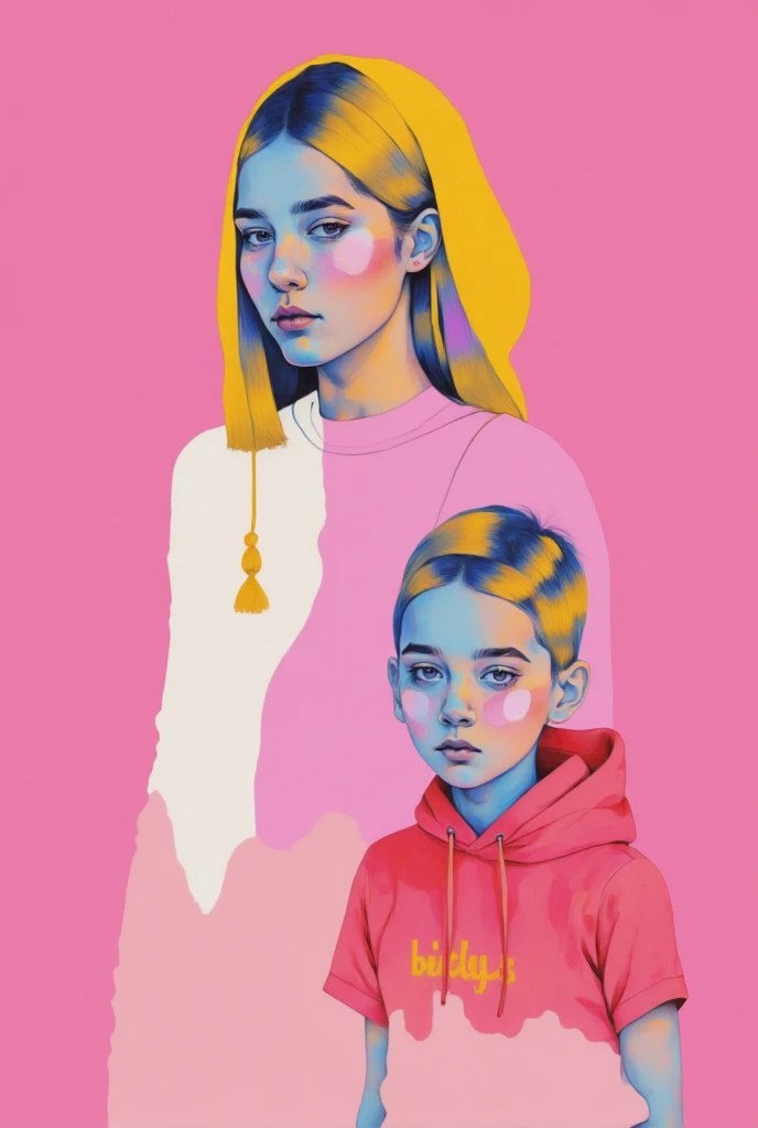   girl and boy painting on pink background , Tristan Eaton, Tristan Eaton & Greg Rutkowski,  James Gilliard and James Jean ,  James Jean Soft Light 4K ,  Tristan Eatons wallpaper, , Picture of two people ,  Multi-layer artwork  , 3d portrait,  Cubism lover...