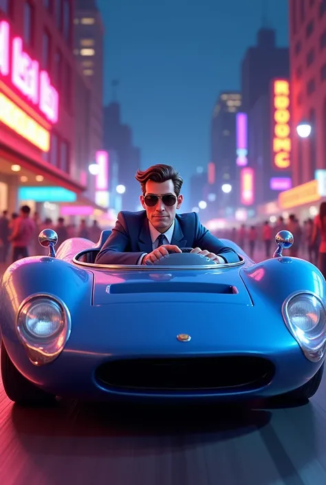 Pixar-style animation of a racing driver in a blue suit and sunglasses riding in a car driving picking up a couple of friends at a nightclub 