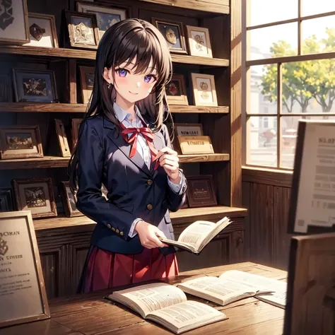 “A cozy and nostalgic second-hand bookstore with wooden shelves filled with books. The warm lighting highlights the inviting atmosphere, and on a small table near the center, a beautifully bound rare book is displayed, catching attention. Behind the counte...