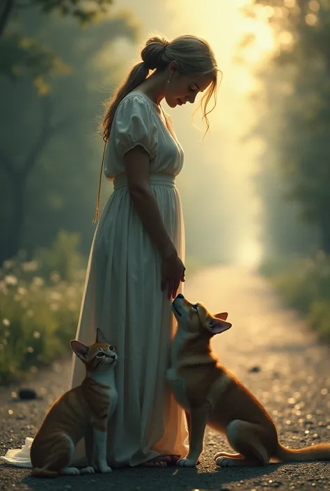 A woman with her kitten and her little dog saying goodbye on a road that leads to heaven