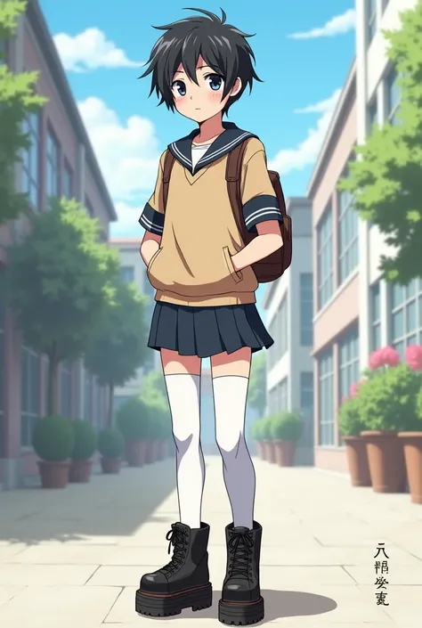  Black Short Hair ，Black pupil，男student，student，whole body， white over-the-knee stockings，black board brick boots，Second dimension style，College style，Anime style（2:00），cute，Pants