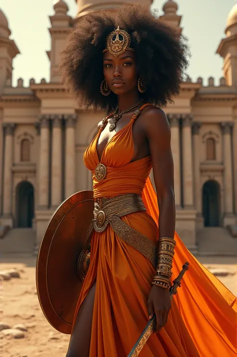  A black African woman with afro hair and a copper-colored crown  ,  orange dress with copper details  , copper jewelry  ,  a round shield on one hand in the color copper and a sword in the color copper in front of a castle in Africa 