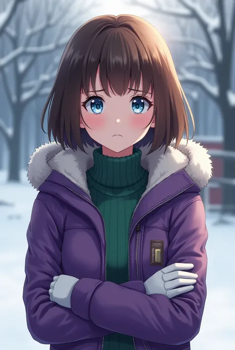 Girl, brown hair, bob haircut, with bangs, purple snow jacket with green sweater inside, hands crossed, slightly serious expression, big eyes,  white gloves, blue eyes, naked