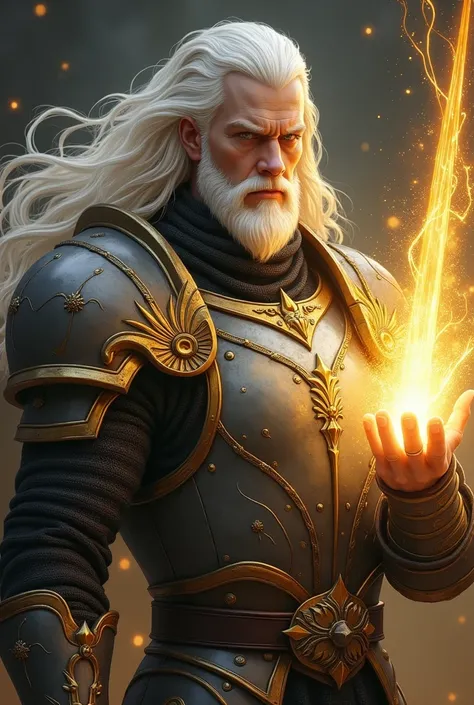 hes a lot younger than that maybe in his mid 30s and give him a stronger look with a shield and a sword (also make him wear a gray armor) and give him no beard and long white hair whats above overrides whats next: Physical Appearance:

Long, flowing white ...