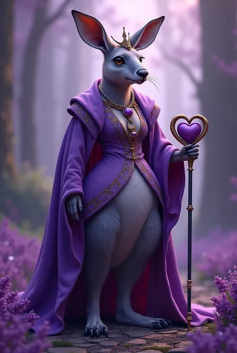 Purple kangaroo queen holding a heart-shaped cane, big bust