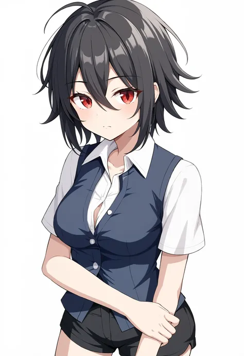 masterpiece, best quality, illustration, pixiv, high_detailed, 1girl, solo, (pale skin:0.7), vampire, medium breasts, red eyes, black hair, (wavy hair:0.1), (messy hair:0.8), short hair, hair between eyes, white buttoned shirt, dark blue vest, black shorts...