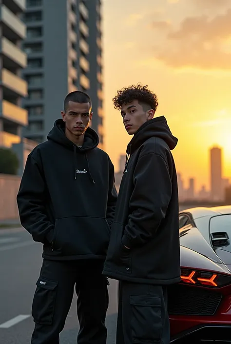 "A dynamic urban fashion scene set in a bustling cityscape, with two individuals wearing oversized black streetwear that exudes a bold and contemporary vibe. The backdrop showcases a towering apartment building with angular architectural lines, emphasizing...