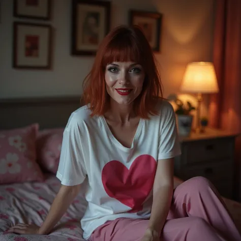 professionally color graded photograph. RAW. Canon 7D. A slim middle aged German vamp woman. reddish brown paige styled wig with bangs. very long eyelashes. sexy deep red lips. smoky eyeshadow. wearing pinky silky sleep psnts. white cotton sleep shirt with...