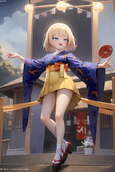 2D, masterpiece,  top quality, Anime,  very detailed with crimson hair, 1 girl, whole body,  blue eyed girl with blonde bob hair_kimono, blue kimono, Yellow too ,   fish print  ,
Japan, summer festival, firework,  stall,  dancing s ,  playing games , music...