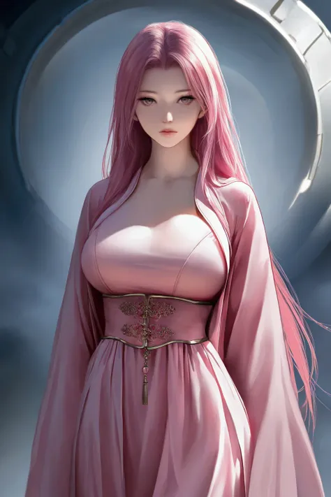 pink hair ,pink hanfu, large breasts, long hair, expressionless, masterpiece, best quality, realistic, 8k, official art, cinematic light, ultra high res, perfect female body, sharp focus, guofeng, 1girl, solo, chinese clothes, realistic, standing, from vie...