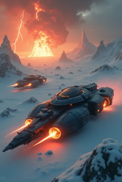 With spectral icebergs With alien ghost ships over a lava boiling ocean. Over an icy tundra with meteor showers Flying 10ft above the ground with jet sleds on each side Over a volcanic landscape with lightning strikes Add a massive explosion in the backgro...