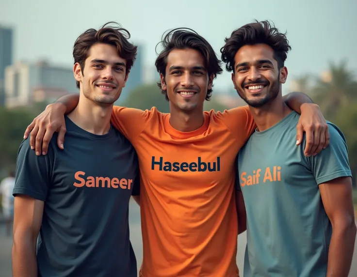 imagine 3 friend first whos name on his t-shirt "sameer  " and second ones "haseebul " on his t-shirt and the 3rd whos name on his t-shirt "saif ali  " 