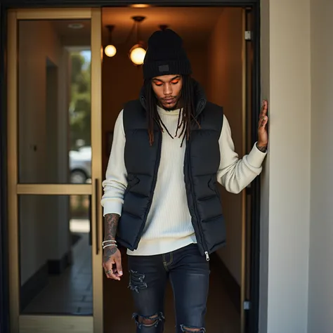 shot with a Leica M10, an african american male, a very tall 67" 20 year old light brown skin african american male with rapper inspired tattoos and medium length black cornrow braids. walking out of a revolving from an upscale los angeles apartment comple...