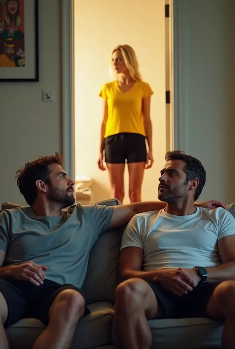 2 men wearing t shirts lying on a sofa watching pretty blonde woman standing doorway wearing bright yellow sports top, black sports shorts.  Realistic full length photo.