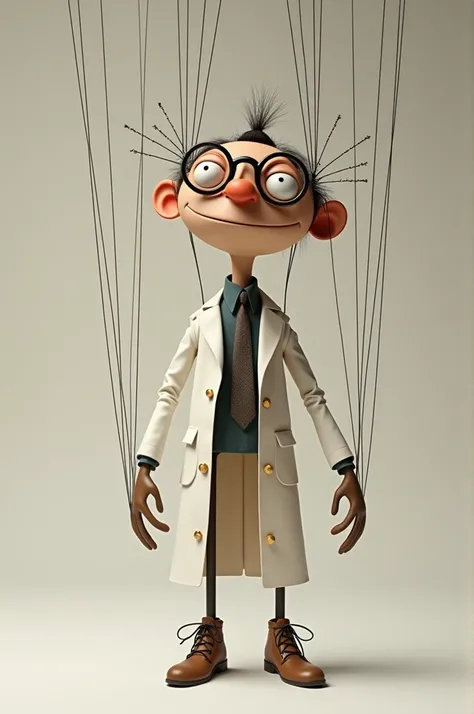 
An classic puppet  dressed as a scientist controlled by strings
