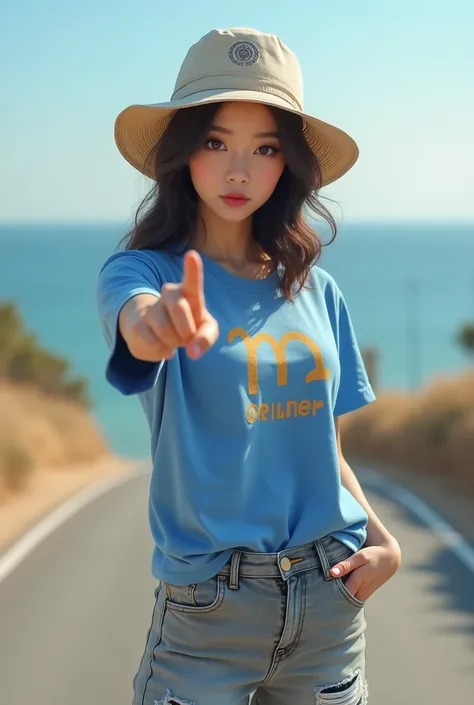  Beautiful Korean woman wearing blue t-shirt image of scorpio with inscription HAPPY COUPLE ,torn ash jeans ,sneakers,  standing full body with index finger pointing towards camera ,  wears ripped hip hop hat . asphalt street background with sea view at da...