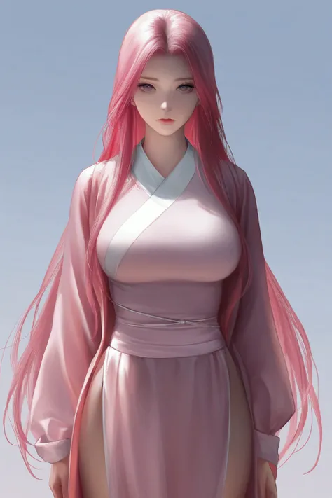 pink hair ,pink hanfu, large breasts, long hair, expressionless, masterpiece, best quality, realistic, 8k, official art, cinematic light, ultra high res, perfect female body, sharp focus, guofeng, 1girl, solo, chinese clothes, realistic, standing, from vie...