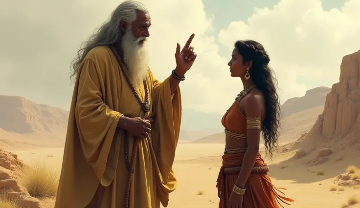 The sage is teaching Namkaran a mantra, with his finger raised in instruction. Namkaran listens attentively, with the dry and barren field still visible in the background."