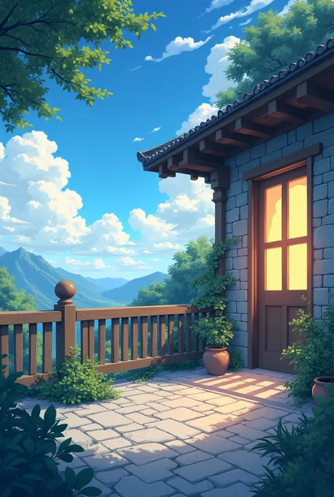 balcony with stone floor and walls, wooden fence and illuminated door, from-sky scene, anime style, no people