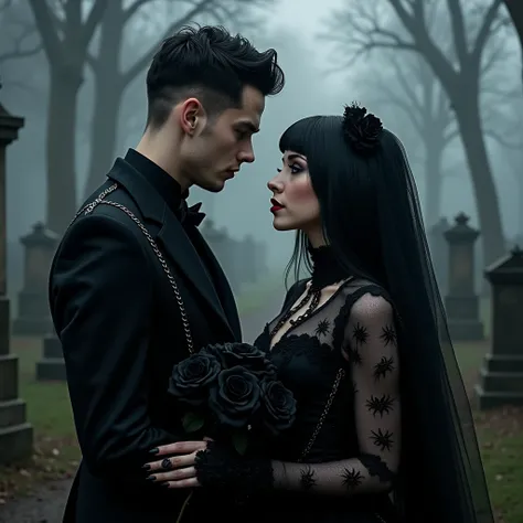 Gothic American man, fair skin, short black hair, blue eyes with black eyeliner, lips with a bit of light red, wearing a black gothic grooms suit with chains and gothic details, and a beautiful gothic American woman, fair skin, long straight black hair, bl...