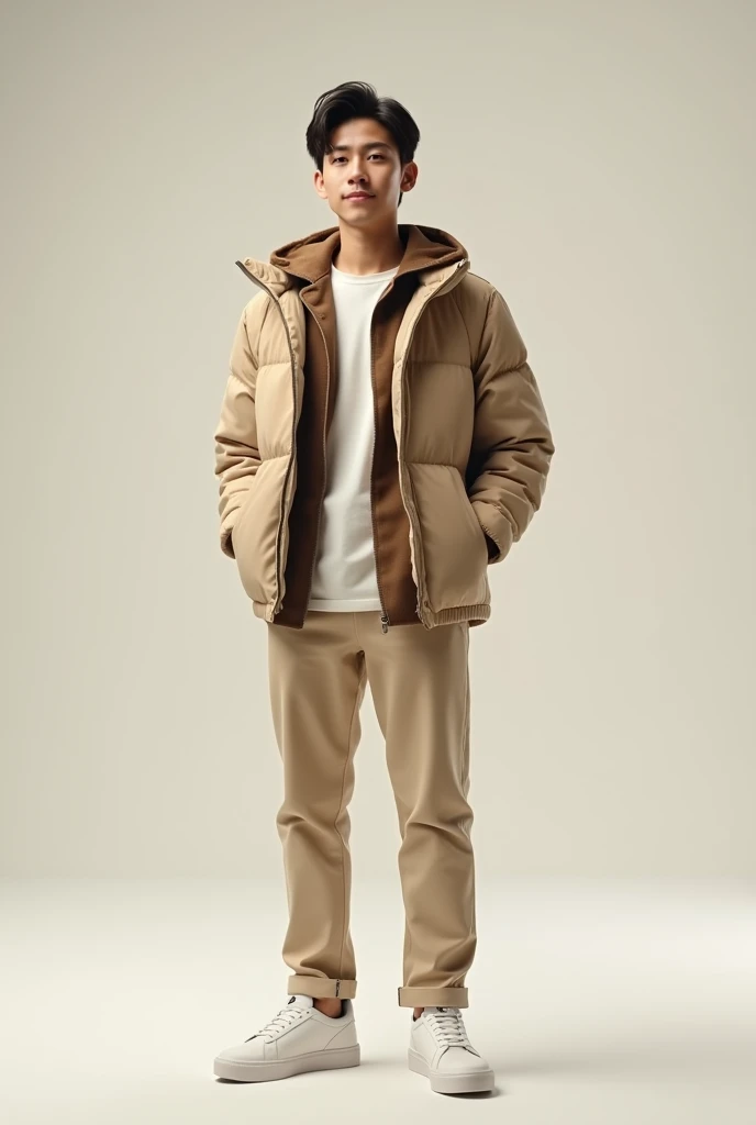 Young man, filipino,  beige padded jacket, Brown Overshirt, white crew neck t-shirt , beige pants, white sneakers