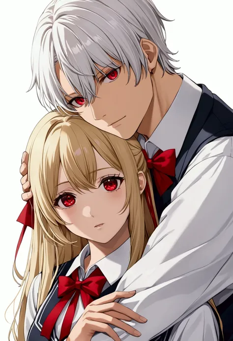  185cm white-haired red-eyed man hugging a young woman with medium length blonde hair and red eyes. Generally,, wear a red ribbon, tied with a bow on the left side of her hair wearing a red school uniform 