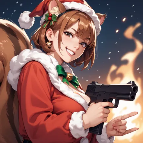 Exotic voluptous Squirrel-woman wearing santa outfit firing large gun with warzone behind her.Smile, Brown Hair, Squirrel ears, 