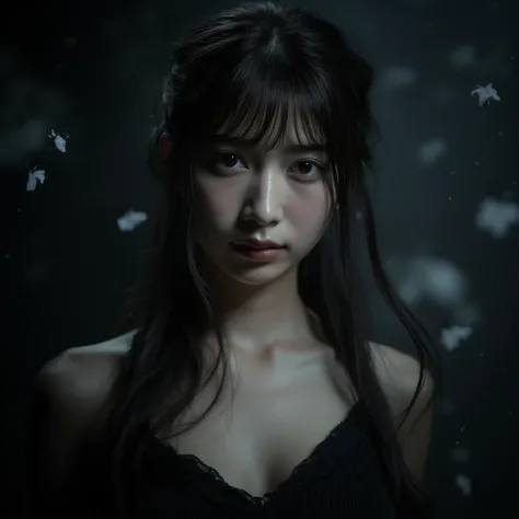 A cute asian woman with long messey hair stands against a dark background, wrapped in an aura of mystery.