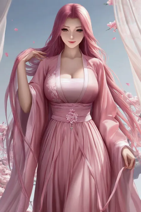 pink hair ,pink hanfu, large breasts, long hair, seductive smile, masterpiece, best quality, realistic, 8k, official art, cinematic light, ultra high res, perfect female body, sharp focus, guofeng, 1girl, solo, chinese clothes, realistic, standing, from vi...