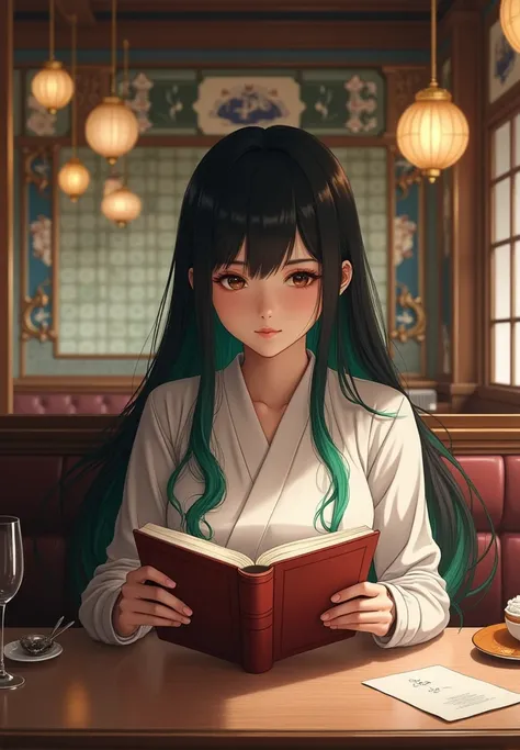  Japanese woman with black hair with green locks in the front, sitting reading a book in an ultra realistic restaurant  