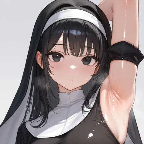 (Masterprice, HDR, 2k, High Resolution) 1girl, NUN Clothes, Perfect Body, Black Hair, Long Hair, Black Eyes ((Armpits, Arm Up, Armpit Crease, Armpits Detailed, Perfect Armpits, Shiny Armpits, Zoom Armpits, Focus Armpits, More Detailed Armpits, Armpits Focu...