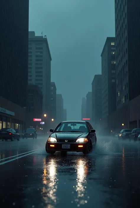 A 2001 Honda Civic on a rainy night with cloudy skies and buildings