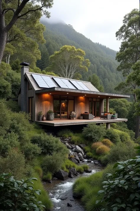 Create an external image and interior floor plan of a 2 bedroom hut/cottage located in native bush land in northland New Zealand. Show a front on view, with the cottage set on a long but narrow site on the side of a hill, with lots of Manuka trees. The cot...