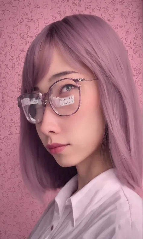 A cute woman (school teacher, age 25, hair up in a bun, thick glasses, writing second grade on the chalkboard, class full of s, viewer has rose colored glasses and sees hearts near teacher
