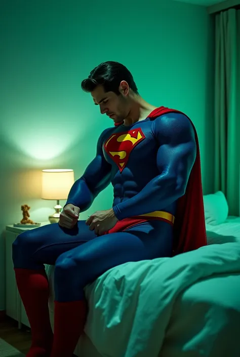 bright lit bed room, superman is shaking lower body, he is 55 with huge muscular body, wearing superman costume based on bold blue, transparent red briefs on blue pants, peeing white piss, I’m leaning against the bed, lying on the bed, Hes tired and feelin...