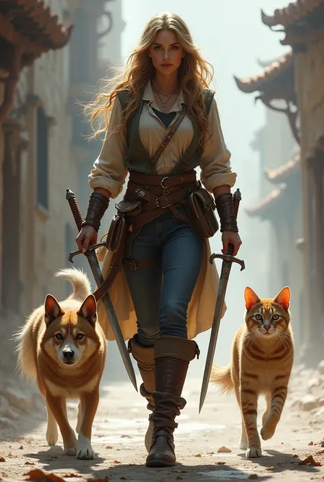 Woman walking with swords 
with her little black dog with white and her kitten white with gray spots.