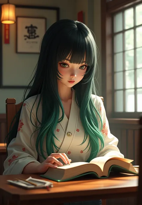 An ultra realistic Japanese woman with long hair with green locks in the front sitting reading a book in an ultra realistic restaurant 