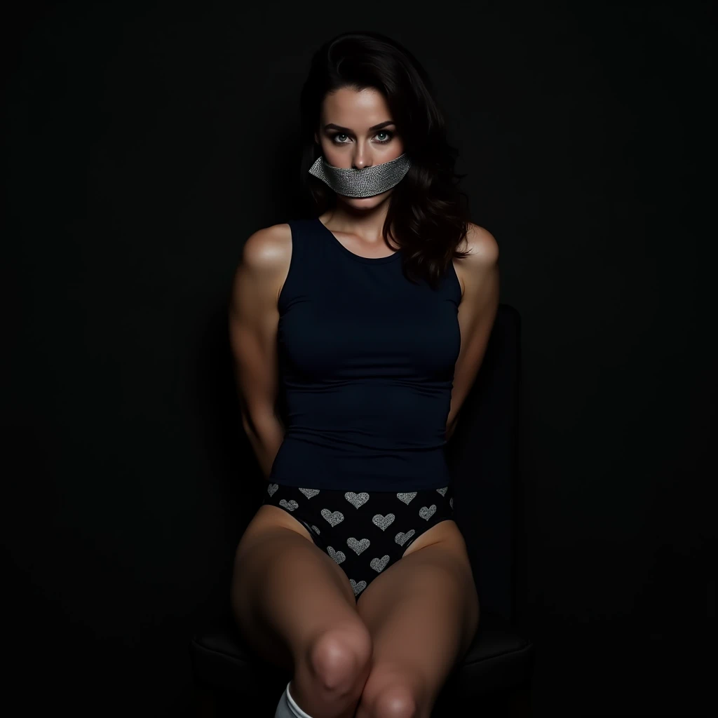  Megan Boone wearing black heart underwear and a fitted navy blue sleeveless t-shirt in a dark room sitting on a chair with her hands hidden behind her back,  their mouths covered with a silver ribbon     ; with socks on 