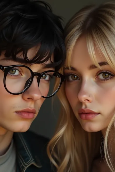 The face of an attractive and masculine boy with glasses and black hair ,  next to the face of a feminine and sweet blonde girl with a CLASSIC look with bangs with very bright brown eyes (without glasses). Both teenagers with an elegant and classic look an...