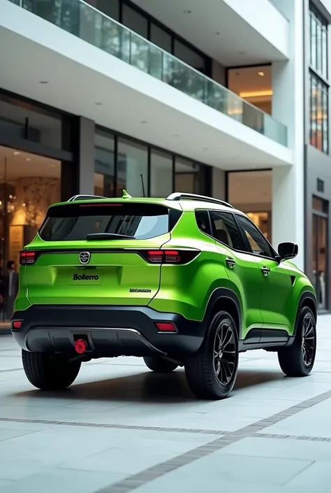 "A modified 2025 Mahindra Bolero SUV with a sleek and luxurious design. The vehicle is green with a matching green roof, featuring bold and stylish detailing. The Mahindra Bolero logo is prominently displayed on the rear, and the back design highlights mod...